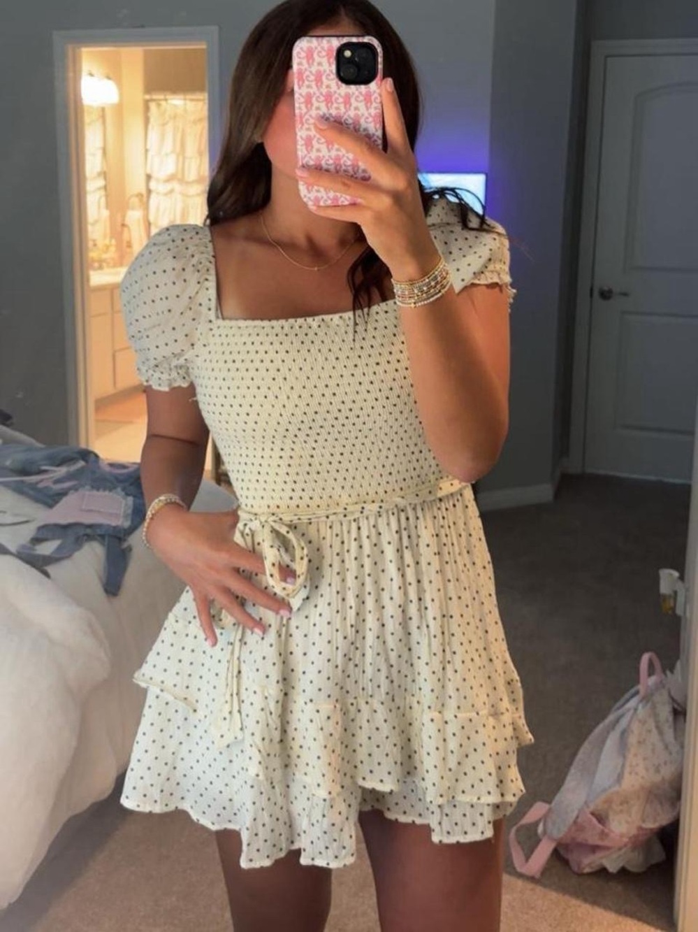 francesca’s Square-Neck Ivory Polka Dot Mini Dress/ Romper